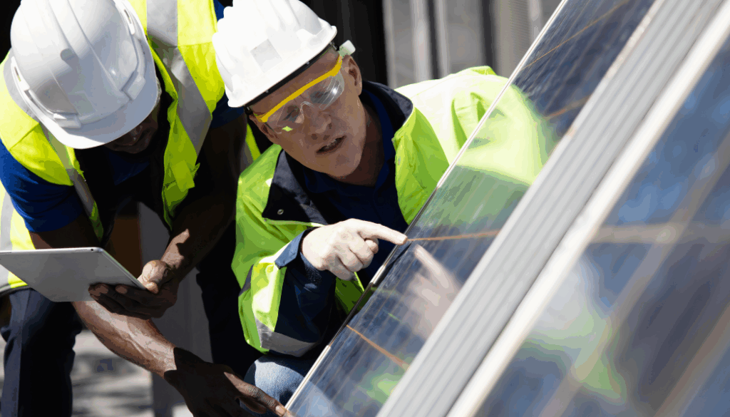 personnes qui regardent un panneau solaire