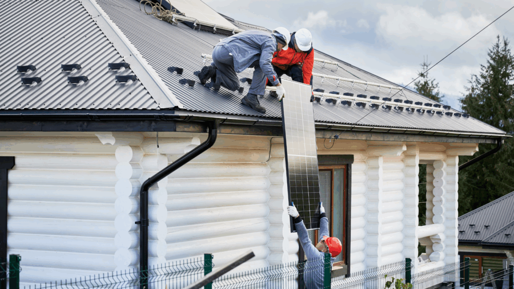 Des techniciens installent des panneaux solaires sur une toiture de maison